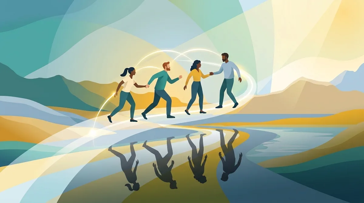 Four energetic colleagues move together above darker shadows whose postures reveal hidden exhaustion